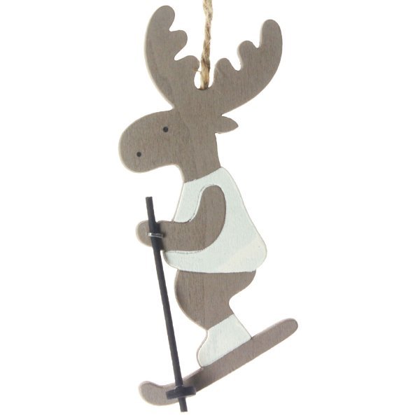 Χριστουγεννιάτικo Κρεμαστό Ξύλινο Ταρανδάκι Σκιέρ, Γκρι (12cm)